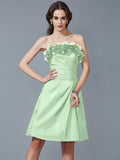 Sheath/Column Strapless Sleeveless Hand-Made Flower Short Taffeta Bridesmaid Dresses TPP0005868