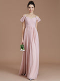 A-Line/Princess Off-the-Shoulder Sleeveless Ruched Floor-Length Chiffon Bridesmaid Dresses TPP0005324