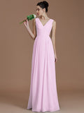 A-Line/Princess V-neck Sleeveless Ruched Floor-Length Chiffon Bridesmaid Dresses TPP0005037