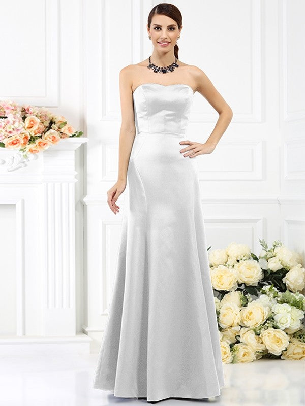 Sheath/Column Strapless Sleeveless Long Satin Bridesmaid Dresses TPP0005642