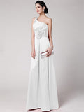 Sheath/Column One-Shoulder Sleeveless Pleats Hand-Made Flower Long Elastic Woven Satin Bridesmaid Dresses TPP0005514