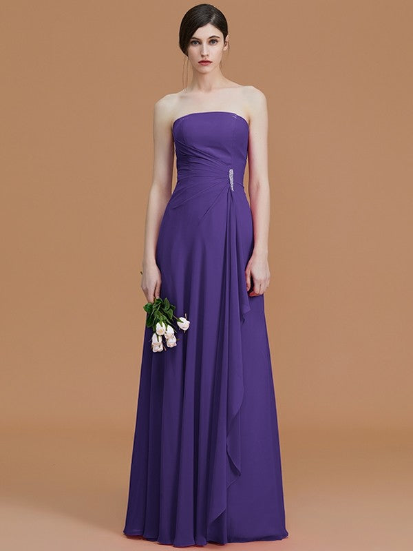 A-Line/Princess Strapless Sleeveless Floor-Length Ruffles Chiffon Bridesmaid Dresses TPP0005756