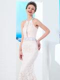 Sheath/Column Halter Sleeveless Floor-Length Lace Satin Dresses TPP0004150