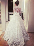 Ball Gown Long Sleeves High Neck Sweep/Brush Train Sash/Ribbon/Belt Lace Wedding Dresses TPP0006548