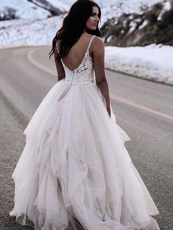 A-Line/Princess Ruched Tulle V-neck Sleeveless Floor-Length Wedding Dresses TPP0005916