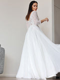A-Line/Princess Chiffon Lace V-neck 3/4 Sleeves Floor-Length Wedding Dresses TPP0007031