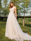 A-Line/Princess Tulle Ruffles V-neck Sleeveless Sweep/Brush Train Wedding Dresses TPP0006441