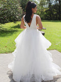 Ball Gown Organza Ruffles V-neck Sleeveless Floor-Length Wedding Dresses TPP0006656