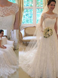 A-Line/Princess Sash/Ribbon/Belt Short Sleeves Square Court Train Applique Lace Wedding Dresses TPP0006475