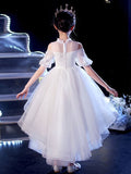 A-Line/Princess Tulle Applique Scoop Short Sleeves Asymmetrical Flower Girl Dresses TPP0007509