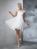 A-Line/Princess Sheer Neck Ruched Short Sleeves Short Chiffon Wedding Dresses TPP0006652