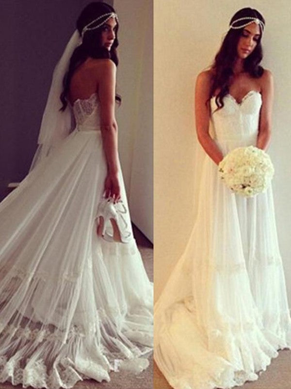 A-Line/Princess Sweetheart Sleeveless Tulle Lace Court Train Wedding Dresses TPP0006823