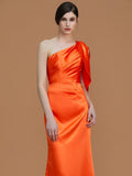 Trumpet/Mermaid One-Shoulder Sleeveless Floor-Length Ruched Satin Bridesmaid Dresses TPP0005353