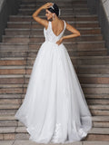 A-Line/Princess Tulle Applique V-neck Sleeveless Sweep/Brush Train Wedding Dresses TPP0006401