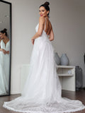 A-Line/Princess Lace Ruffles V-neck Sleeveless Sweep/Brush Train Wedding Dresses TPP0006454