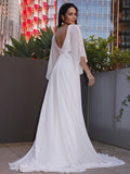A-Line/Princess Chiffon Sash/Ribbon/Belt V-neck 3/4 Sleeves Sweep/Brush Train Wedding Dresses TPP0006585