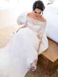 A-Line/Princess Tulle Lace Off-the-Shoulder Long Sleeves Sweep/Brush Train Wedding Dresses TPP0006948