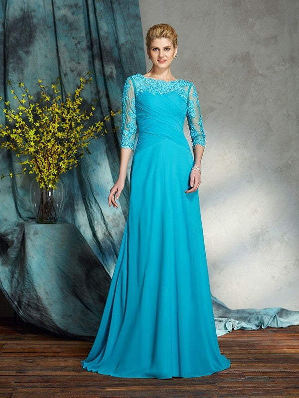 A-Line/Princess Bateau Applique 3/4 Sleeves Long Chiffon Mother of the Bride Dresses TPP0007256