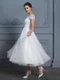 A-Line/Princess Scoop Short Sleeves Tea-Length Beading Tulle Wedding Dresses TPP0006474