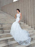 Trumpet/Mermaid V-neck Applique Sleeveless Long Lace Wedding Dresses TPP0006368