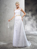 Sheath/Column Sheer Neck Hand-Made Flower Sleeveless Long Satin Wedding Dresses TPP0006901