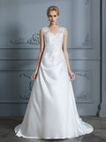 A-Line/Princess V-neck Sweep/Brush Train Sleeveless Applique Satin Wedding Dresses TPP0006626