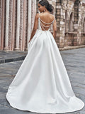 A-Line/Princess Satin Spaghetti Straps Ruffles Sleeveless Sweep/Brush Train Wedding Dresses TPP0006168