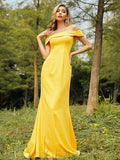 Sheath/Column Jersey Ruched Off-the-Shoulder Sleeveless Sweep/Brush Train Bridesmaid Dresses TPP0004987