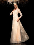 A-Line/Princess Sheer Neck Applique Long Sleeves Long Satin Dresses TPP0006599