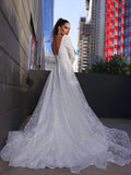 A-Line/Princess V-neck Long Sleeves Lace Applique Sweep/Brush Train Wedding Dresses TPP0005920