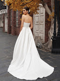 A-Line/Princess Strapless Satin Sleeveless Ruffles Sweep/Brush Train Wedding Dresses TPP0006752