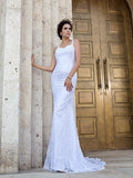 Sheath/Column Straps Lace Sleeveless Long Lace Wedding Dresses TPP0006731