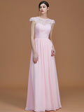 A-Line/Princess Jewel Short Sleeves Floor-Length Lace Chiffon Bridesmaid Dresses TPP0005810