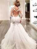 Trumpet/Mermaid V-neck Long Sleeves Lace Court Train Tulle Wedding Dresses TPP0005957