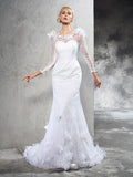 Sheath/Column Sheer Neck Hand-Made Flower Long Sleeves Long Satin Wedding Dresses TPP0006923