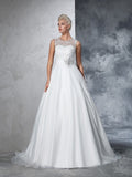 Ball Gown Sheer Neck Lace Sleeveless Long Net Wedding Dresses TPP0006665