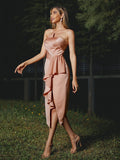 Sheath/Column Charmeuse Ruffles Strapless Sleeveless Tea-Length Bridesmaid Dresses TPP0004995
