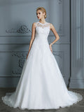 Ball Gown Scoop Sleeveless Organza Court Train Applique Wedding Dresses TPP0006427