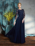 A-Line/Princess Scoop Applique 3/4 Sleeves Long Chiffon Mother of the Bride Dresses TPP0007118