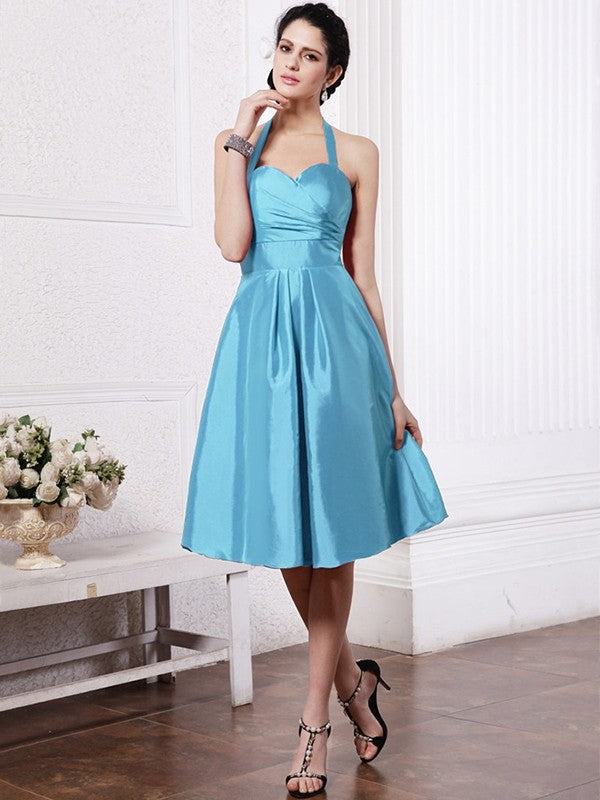 A-Line/Princess Halter Sleeveless Pleats Short Taffeta Bridesmaid Dresses TPP0005709