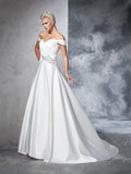 Ball Gown Off-the-Shoulder Ruched Sleeveless Long Taffeta Wedding Dresses TPP0006737