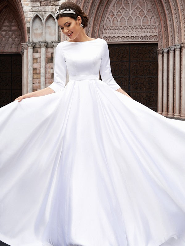 A-Line/Princess Satin Bowknot Bateau 3/4 Sleeves Sweep/Brush Train Wedding Dresses TPP0006140