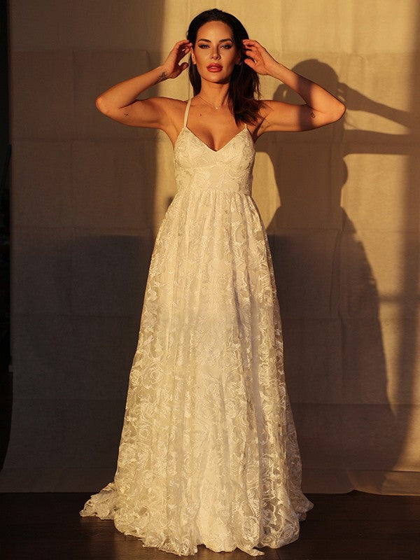 A-Line/Princess Lace Applique V-neck Sleeveless Sweep/Brush Train Wedding Dresses TPP0006060