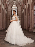 A-Line/Princess Tulle Applique Sweetheart Sleeveless Sweep/Brush Train Wedding Dresses TPP0006026