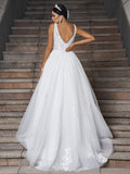 A-Line/Princess Tulle Applique V-neck Sleeveless Sweep/Brush Train Wedding Dresses TPP0006401