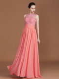 A-Line/Princess Jewel Sleeveless Lace Floor-Length Chiffon Bridesmaid Dresses TPP0005806
