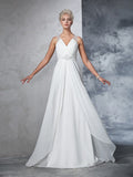 A-Line/Princess V-neck Ruched Sleeveless Long Chiffon Wedding Dresses TPP0006630