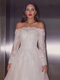 A-Line/Princess Lace Applique Off-the-Shoulder Long Sleeves Sweep/Brush Train Wedding Dresses TPP0006083