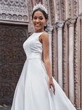 A-Line/Princess Satin Bateau Ruffles Sleeveless Sweep/Brush Train Wedding Dresses TPP0006673