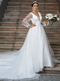 A-Line/Princess Tulle Ruffles V-neck Long Sleeves Court Train Wedding Dresses TPP0006580
